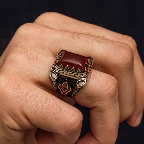 Gümüş Kırmızı Akik Taşlı Erkek Yüzük