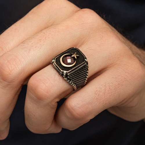 Gümüş Kırmızı Taşlı Ay Yıldız Erkek Yüzük