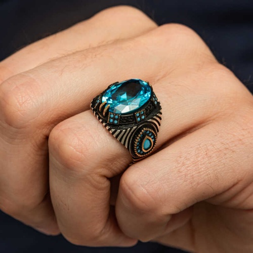 Gümüş Mavi Fasetli Taşlı Erkek Yüzük