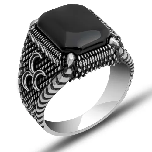 Gümüş Üç Hilal Oniks Erkek Yüzük