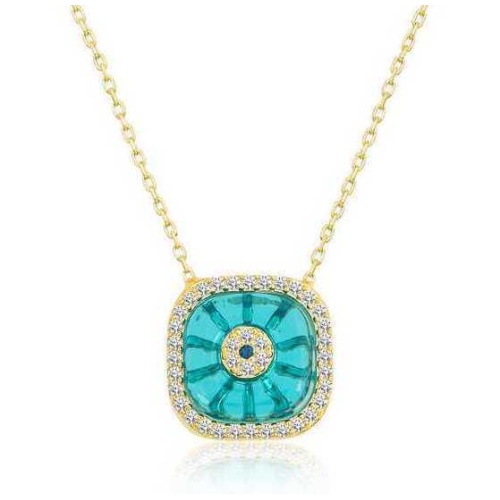 Gümüş Gold Kare Camgöz Nazar Bayan Kolye