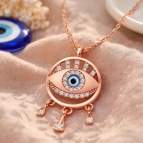 Gümüş Rose Nazarlı Göz Kadın Kolye