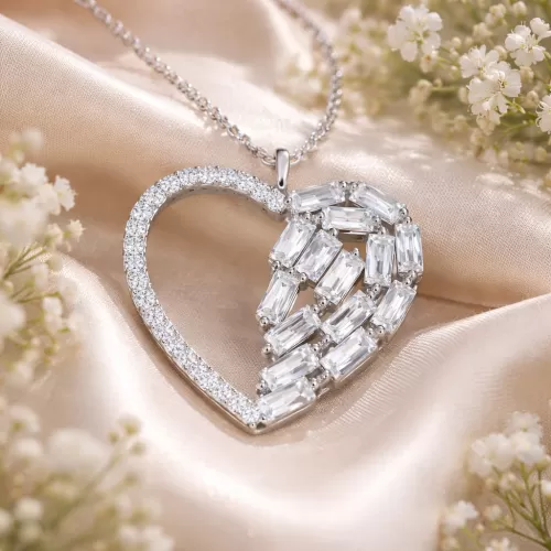 Gümüş Baget Taşlı Kalp Kadın Kolye