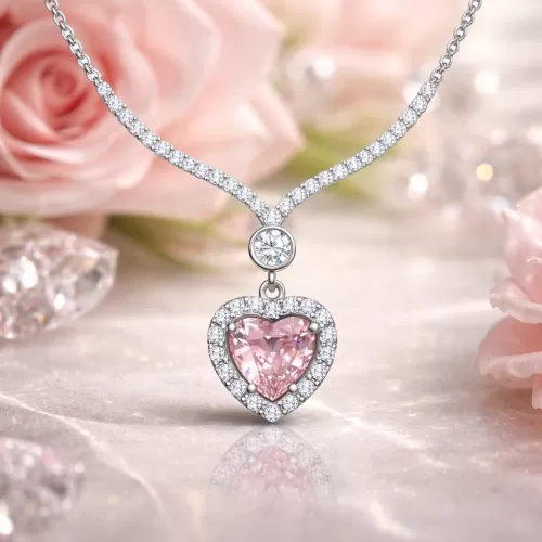 Gümüş Pembe Zirkon Taşlı Kalp Kadın Kolye