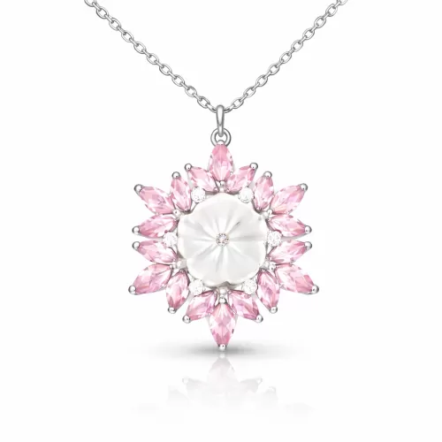 Gümüş Pembe Lotus Desenli Çiçek Kadın Kolye