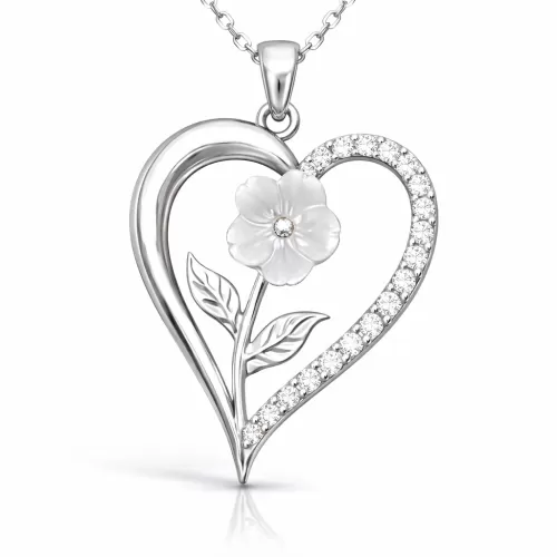 Gümüş Kalpli Beyaz Gül Kadın Kolye