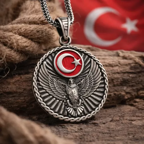 Gümüş Türk Kartalı ve Ay Yıldız Motifli Erkek Kolye