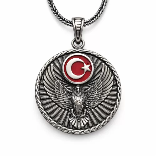 Gümüş Türk Kartalı ve Ay Yıldız Motifli Erkek Kolye