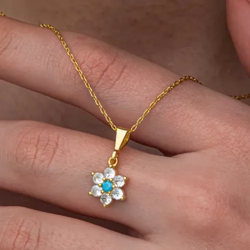 Gümüş Mavi Taşlı Gold Çiçek Kadın Kolye