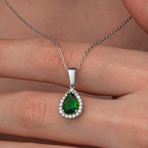 Gümüş Damla Zümrüt Taşlı Kadın Kolye