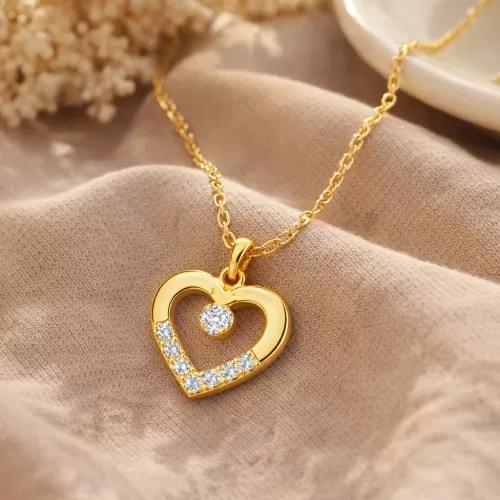 Gümüş Gold Minik Kalpli Tektaş Kadın Kolye