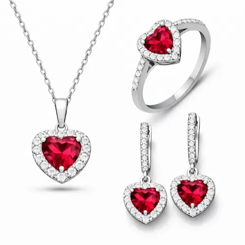 Gümüş Kırmızı Taşlı Kalpli Kadın Set