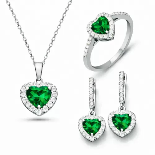 Gümüş Yeşil Taşlı Kalpli Kadın Set