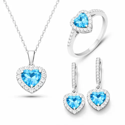 Gümüş Turkuaz Taşlı Kalpli Kadın Set