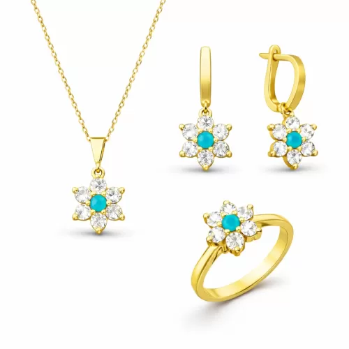 Gümüş Mavi Taşlı Gold Çiçek Kadın Set