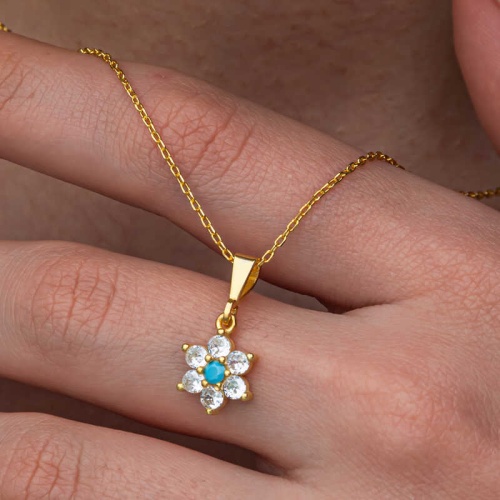 Gümüş Mavi Taşlı Gold Çiçek Kadın Set