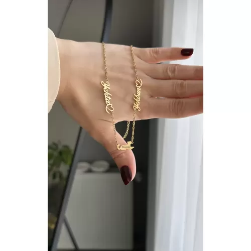 Çelik iki isimli kedi detaylı kolye