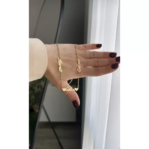 Çelik kalp detaylı üç isimli kolye