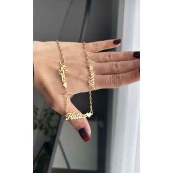 Çelik üç isimli kalp detaylı kolye