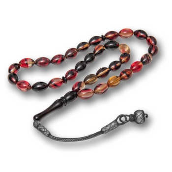 Gümüş Kazaz Püsküllü Sarı Siyah Kırmızı Sıkma Kehribar Tesbih