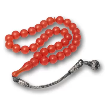 Gümüş Top Kazaz Püsküllü Yuvarlak Sıkma Kehribar Tesbih