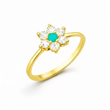 Gümüş Mavi Taşlı Gold Çiçek Kadın Yüzük