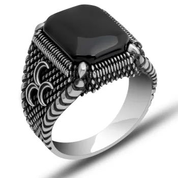 Gümüş Üç Hilal Oniks Erkek Yüzük