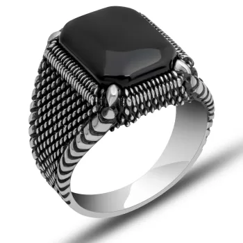 Gümüş Oniks Taşlı Erkek Yüzük