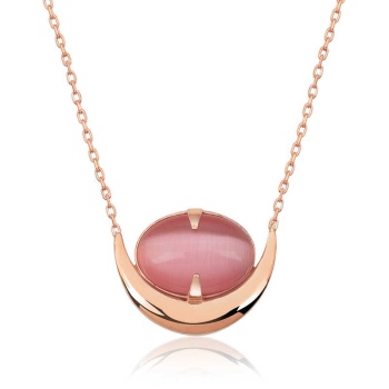 Gümüş Pembe Kedi Gözü Taşlı Hilal Kolye