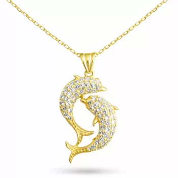 Gümüş Gold Çift Yunus Balığı Kadın Kolye