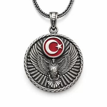 Gümüş Türk Kartalı ve Ay Yıldız Motifli Erkek Kolye