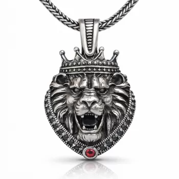 Gümüş Taçlı Aslan Figürlü Erkek Kolye