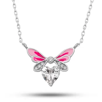 Gümüş Beyaz Kalp Peri Kanatlı Kolye