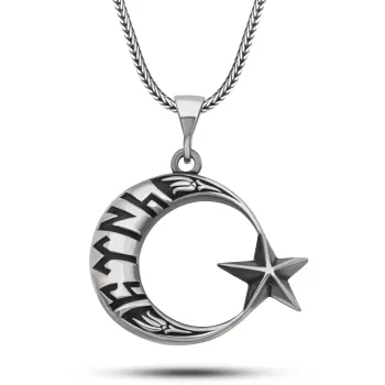 Gümüş Göktürkçe Yazılı Ay Yıldız Erkek Kolye