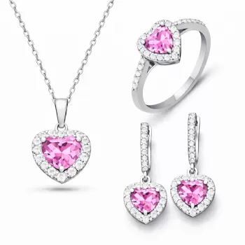 Gümüş Pembe Taşlı Kalpli Kadın Set