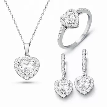 Gümüş Beyaz Taşlı Kalpli Kadın Set