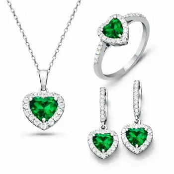 Gümüş Yeşil Taşlı Kalpli Kadın Set