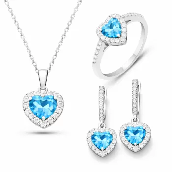 Gümüş Turkuaz Taşlı Kalpli Kadın Set