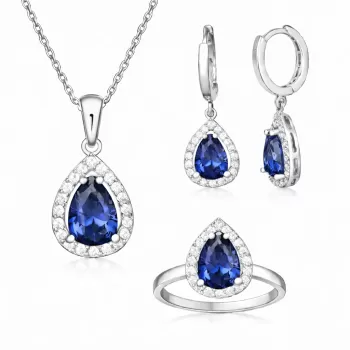 Gümüş Lacivert Zirkon Taşlı Damla Kadın Set