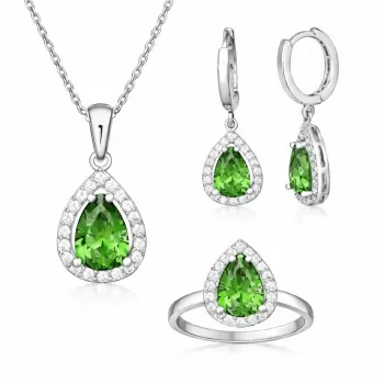 Gümüş Yeşil Zirkon Taşlı Damla Kadın Set