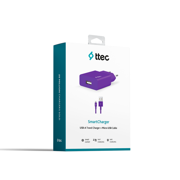 ttec SmartCharger 2.1A Seyahat Şarj Aleti + Micro USB Kablo Mor