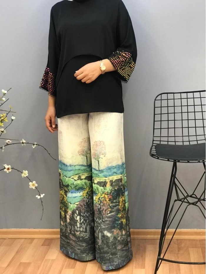 MİMYA MANZARA DESENLİ BOL KESİM PANTOLON