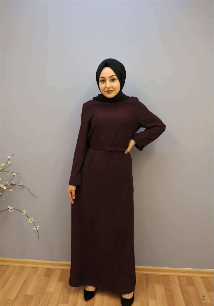 MİMYA BAYAN KEMER DETAYLI BORDO ELBİSE
