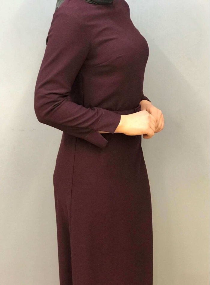 MİMYA BAYAN KEMER DETAYLI BORDO ELBİSE