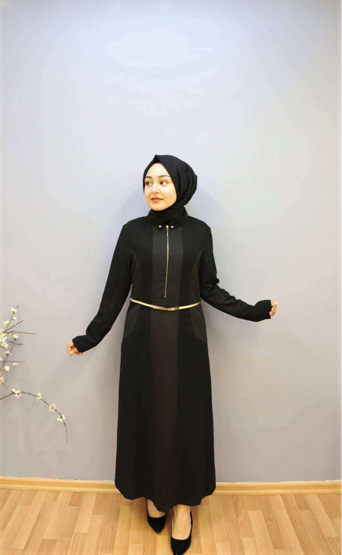 KAYRA BAYAN ÖNÜ FERMUARLI KEMERLİ ELBİSE