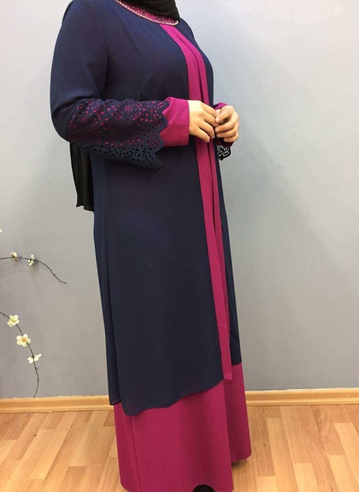 SAFİR KADIN YAKASI BONCUK DETAYLI ELBİSE