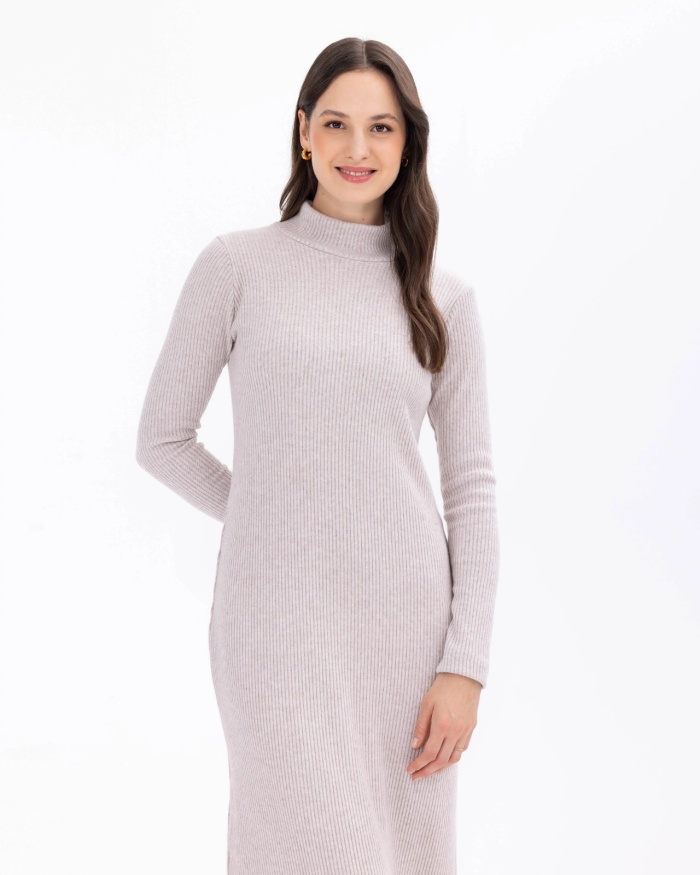 YENİ SEÇİL KADIN YARIM BALIKÇI YAKALI MİDİ BOY FİTİLLİ ÖRME ELBİSE 11231204001019