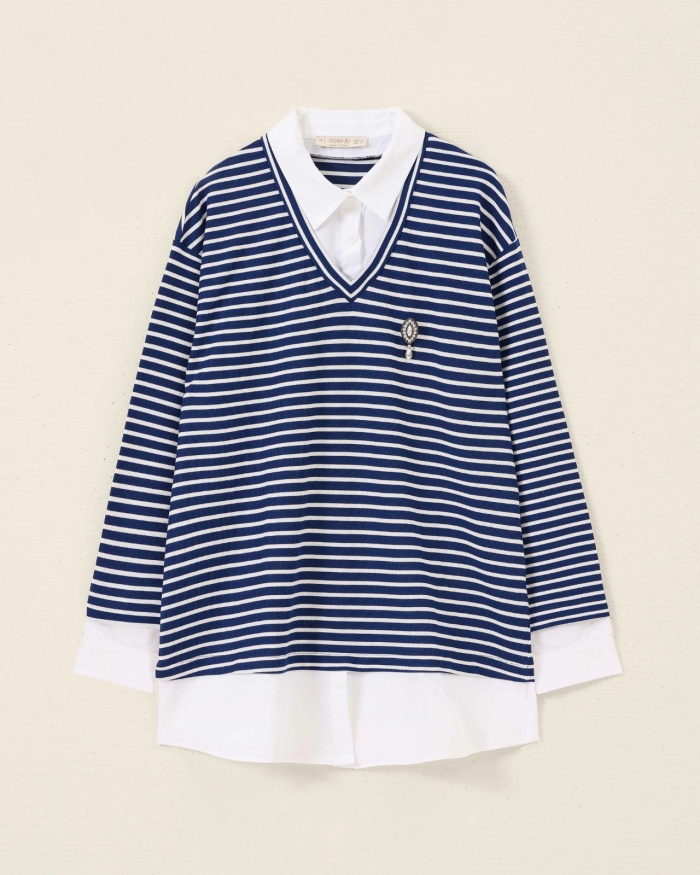 YENI SEÇİL büyük beden aksesuarlı çizgili sweatshirt 10002422314004