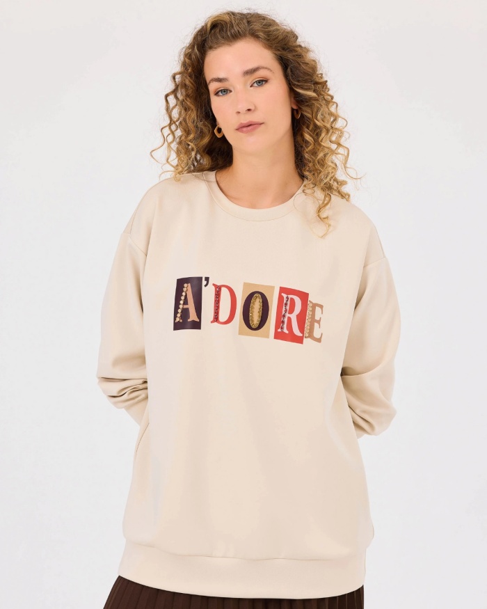 YENİ SEÇİL KADIN yazı baskılı uzun kollu sweatshirt 10002422311001