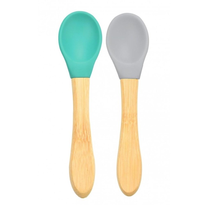 OiOi Bambu Saplı Silikon Kaşık 2li 9+ Ay Aqua Green - Powder Grey